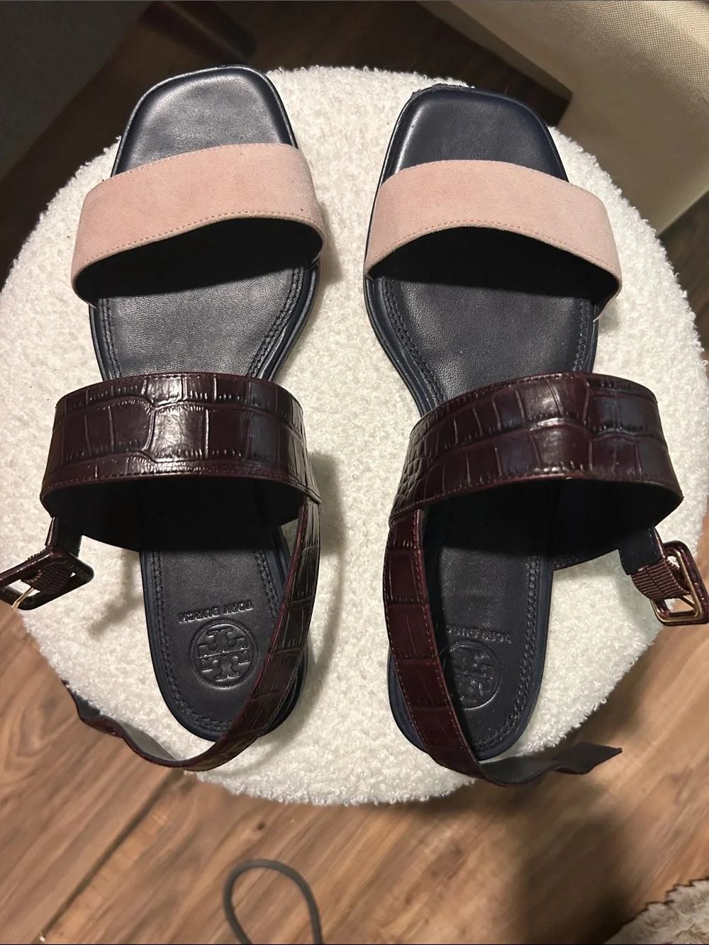 Tory Burch Blush Suede & Dark Brown Croc-Embossed Sandals